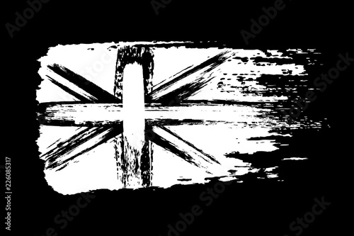 Vintage Union Jack, Great Britain grunge flag, brush strokes painted flag, white isolated on black background, vector illustration.