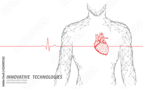 Man silhouette healthy heart beats 3d medicine model low poly. Triangle connected dots glow point online doctor. Pulse internal body modern innovative technology render vector illustration