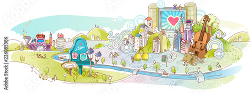 Illustration of urban scene with oversized musical instrument