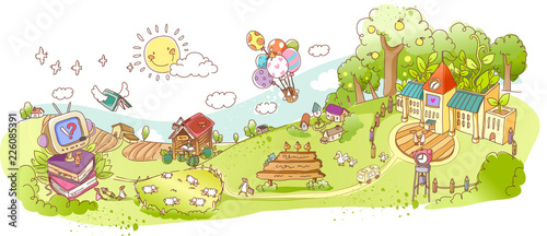 School with houses, helium balloons and sheep grazing on grass