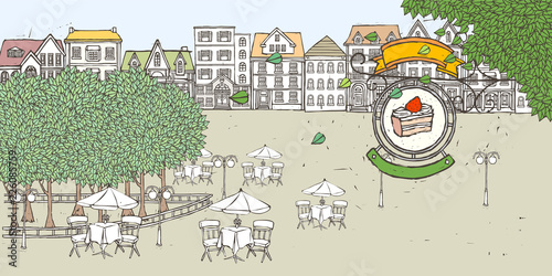 Roadside cafe by buildings against sky