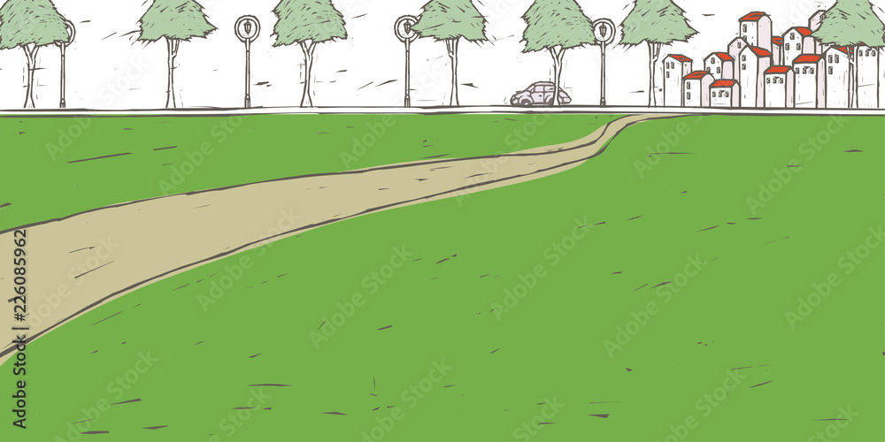 Obraz premium Car moving on path lined by trees with roofed houses in background