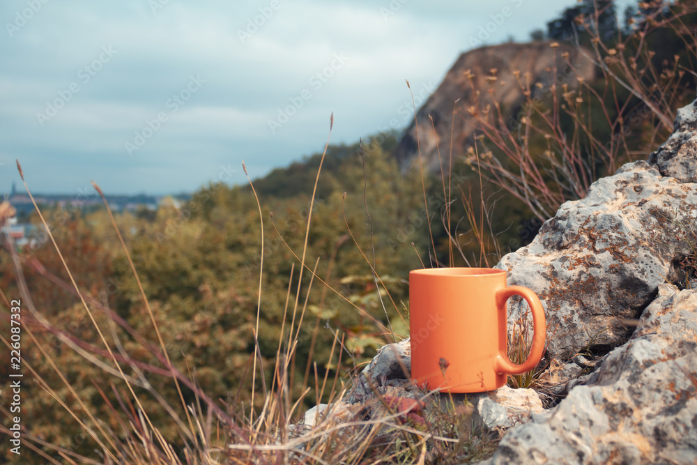 Obraz premium Orange cup of tea on a background of mountains