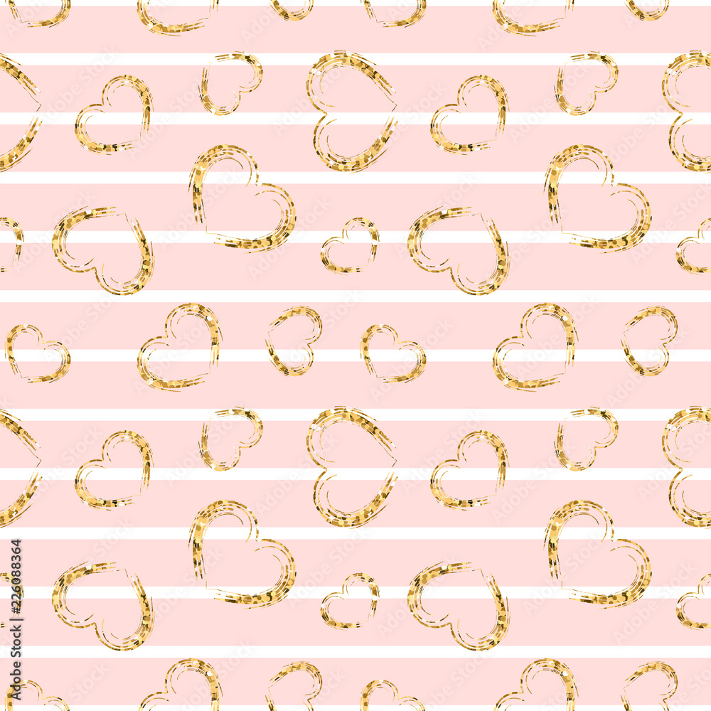 Gold heart seamless pattern. Pink-white geometric stripes, golden grunge confetti-hearts. Symbol of love, Valentine day holiday. Design wallpaper, background, fabric texture. Vector illustration