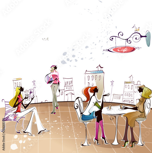 Four women at sidewalk cafe