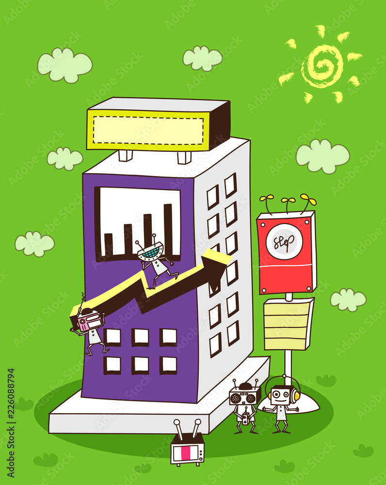 Fototapeta premium Robots on an arrow in front of a building