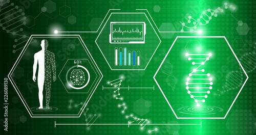 abstract background technology concept in green light,human body heal,technology modern medical science in future and global international medical with tests analysis clone DNA human
