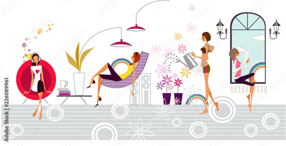 Two women sitting on couches with another woman watering plant and another woman sitting on a window ledge Two women sitting on couches with another woman watering plant and another woman sitting on a window ledge