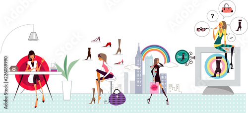 Woman sitting at a table with another woman trying on shoe and another woman carrying shopping bag