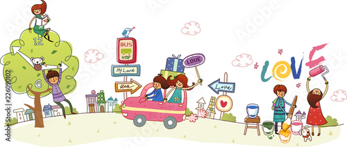 Man hanging on an hour hand with a couple sitting in a car and another couple painting love sign with a paint roller