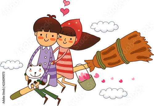 Couple sitting on a broom and flying