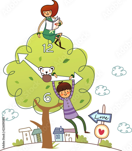 Man hanging on an hour hand and a woman sitting on a tree