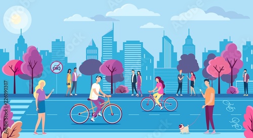 People with bikecycles in the eco city park and landscape. Cycle line and no car sign