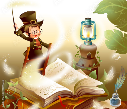 Boy holding a magic wand and reading a book