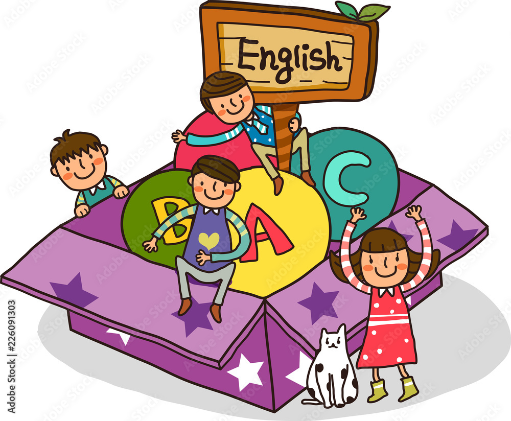 Girl standing with her arms raised with three boys sitting on a box Girl standing with her arms raised with three boys sitting on a box