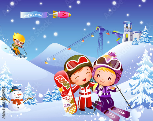 Two boys and a girl skiing