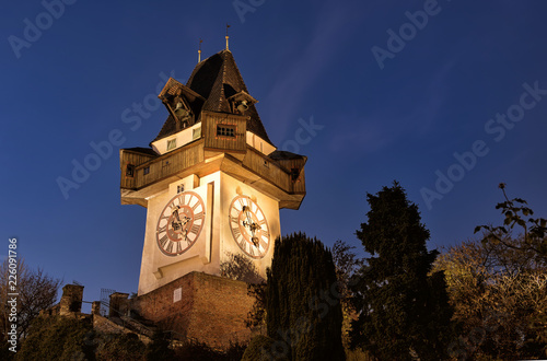 Beautifully illuminated  Clock tower of Graz 