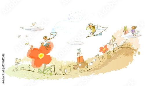 Man sitting on a flower and blowing a bullhorn