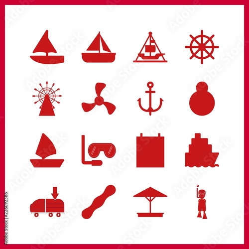 16 boat icon. Vector illustration boat set. aqualung and chain icons for boat works