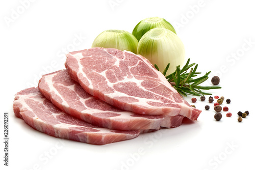 Meat, pork, slices pork loin with herbs and onion, isolated on a white background