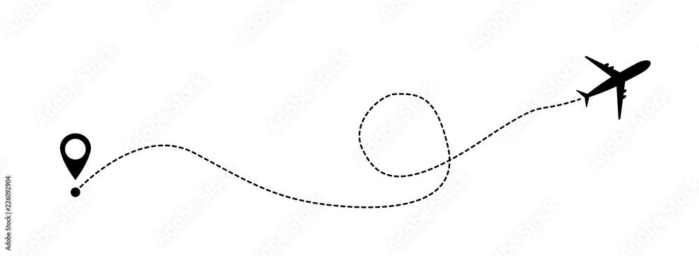 Airplane line vector icon of air plane flight route with start point and line trace Airplane line vector icon of air plane flight route with start point and line trace