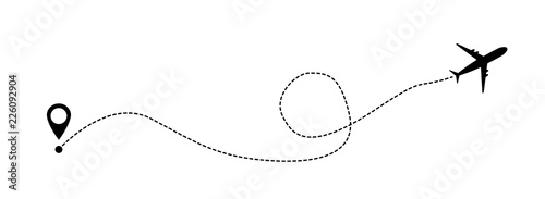 Airplane line vector icon of air plane flight route with start point and line trace
