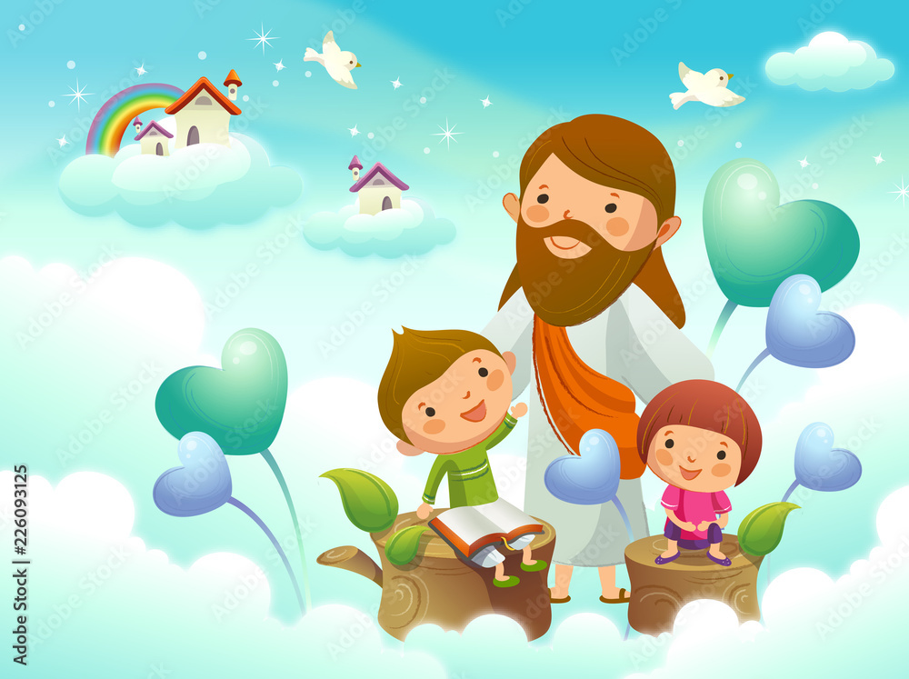 Jesus Christ with two children on the cloud