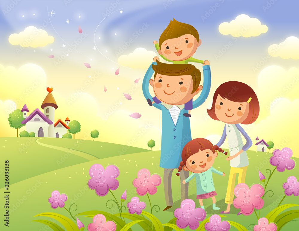 Man and a woman with their children standing in front of a church Man and a woman with their children standing in front of a church