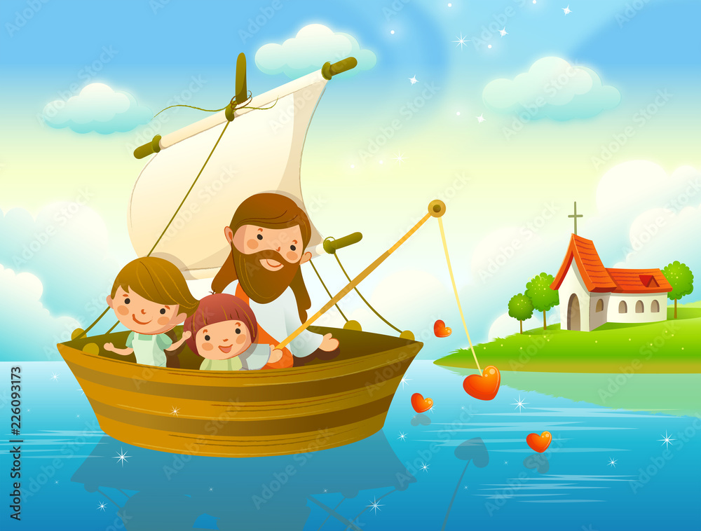 Jesus Christ with two children fishing in a river Stock Vector