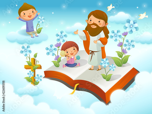 Jesus Christ with two children on the cloud