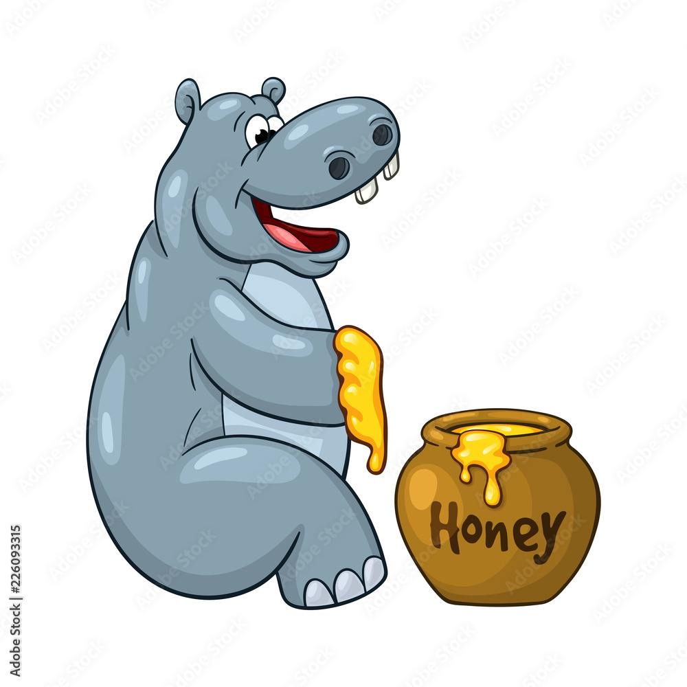 Fototapeta Szczęśliwy kreskówka hipopotam, który przygotował się do jedzenia dużej porcji miodu. Na białym tle