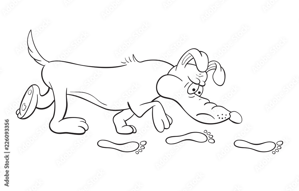 Black and white illustration of a funny cartoon bloodhound dog with fixed  look searching footprints Stock Vector | Adobe Stock