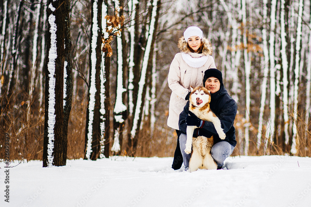 Fototapeta premium A young couple walking in the forest with the dog red husky. Toned