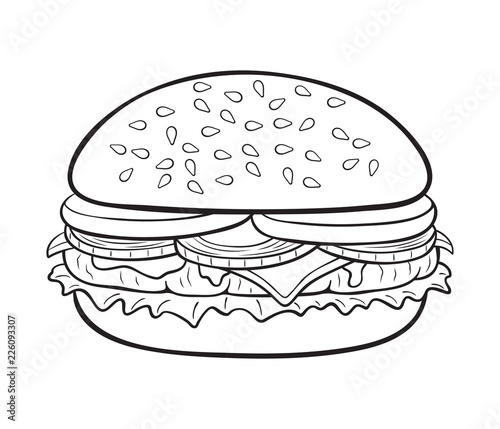 Black and white illustration of cartoon cheeseburger. With tomatoes, onion,  ketchup and salad