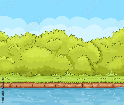 Cartoon river bank with dense bushes