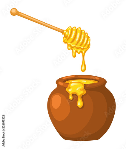 Cartoon clay pot of honey with wooden dipper. On white background