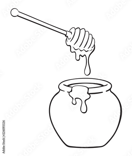 Black and white illustration of cartoon  pot of honey with dipper