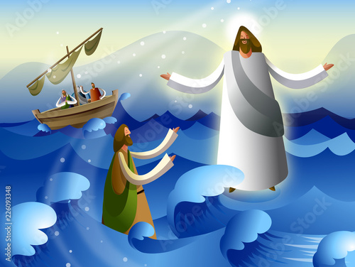 Side profile of a man begging grace in front of Jesus Christ in the sea