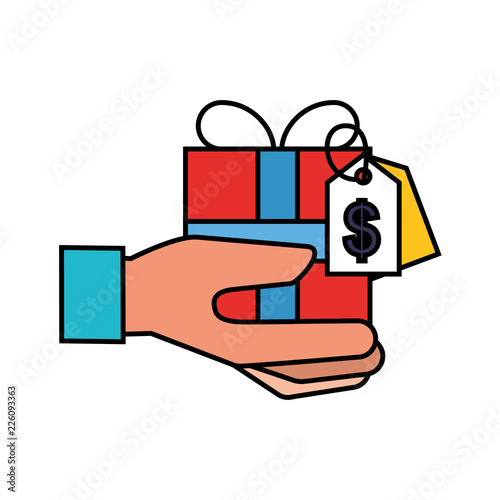 hand holding gift with tag price online shopping