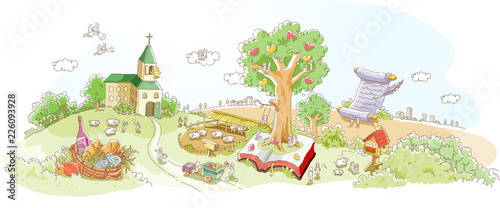 Church in front of a garden