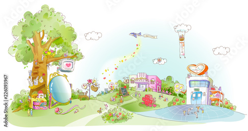 Airplane flying and showering flowers over a city