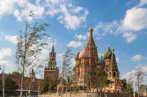 View on Saint Basil Cathedral and Spasskaya tower of Kremlin from Zaryadye park. Famous russian landmarks at autumn.