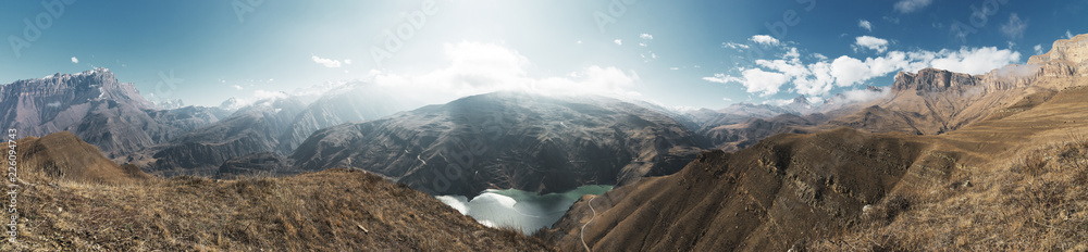 Panorama Landscape of a mountain lake among the mountains of the Caucasus