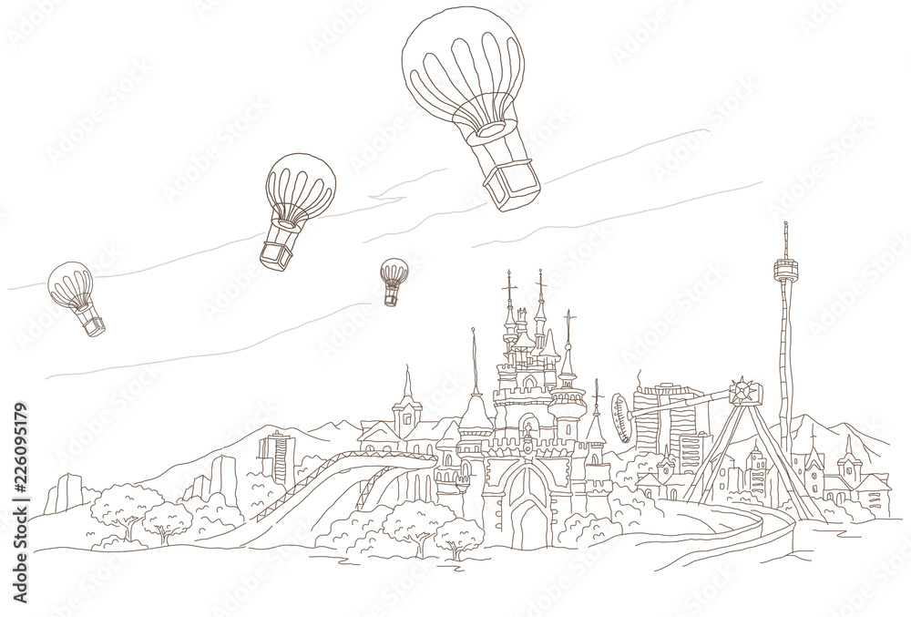 Fototapeta premium Low angle view of hot air balloons over a town