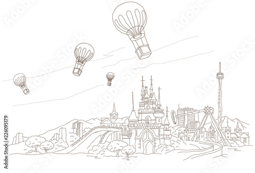 Low angle view of hot air balloons over a town