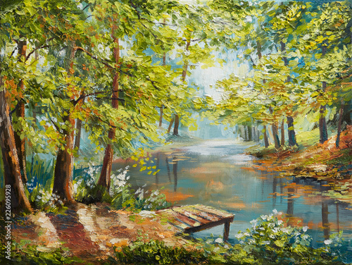 Oil painting landscape - autumn forest near the river, orange leaves