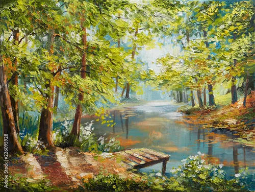 Obraz Oil painting landscape - autumn forest near the river, orange leaves