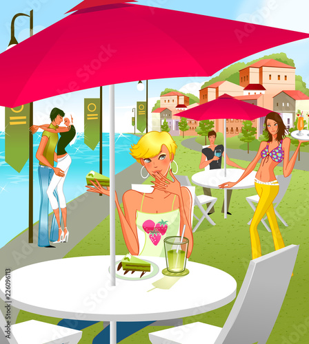 Woman sitting at a table at the poolside