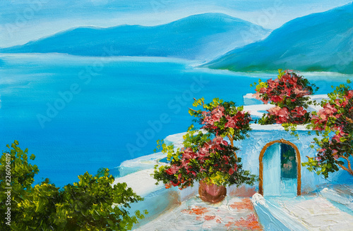 oil painting - house near the sea  colorful flowers  summer seascape
