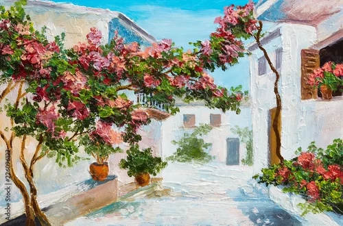 Fototapeta samoprzylepna oil painting - house near the sea, colorful flowers and trees, summer seascape